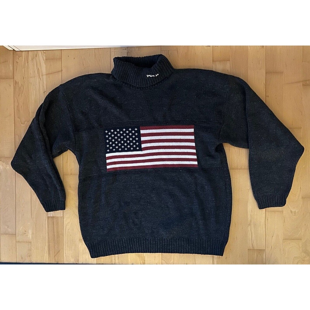 Polo Ralph Lauren Cotton Grey Turtleneck American Flag Western Equestrian XL